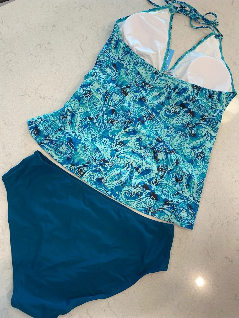Yonique Two-Piece Halter Tankini and Briefs in Teal Paisley